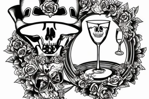 Skeleton sitting inside wine glass fishing for crowns tattoo idea