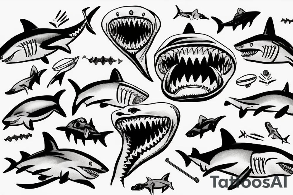 shark with barbell in teeth tattoo idea