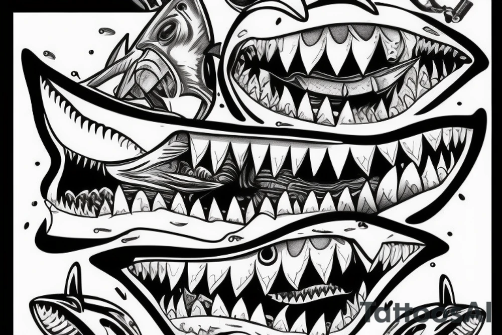 shark with barbell in teeth tattoo idea
