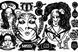 miss justice face blindfolded, holding weights, with libra zodiak sign tattoo idea