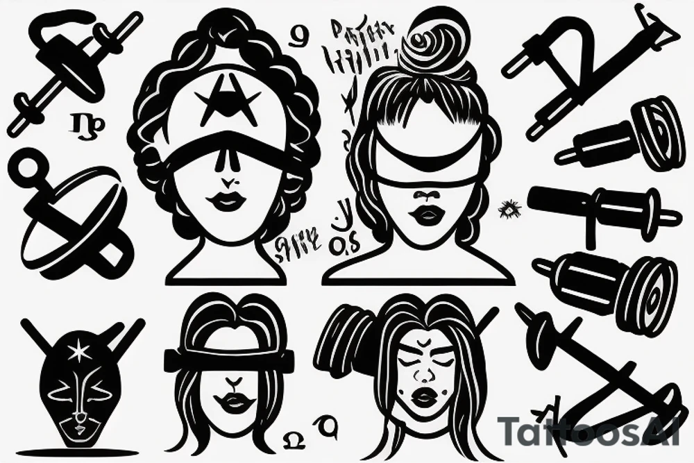 miss justice face blindfolded, holding weights, with libra zodiak sign tattoo idea