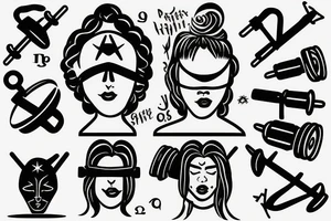 miss justice face blindfolded, holding weights, with libra zodiak sign tattoo idea