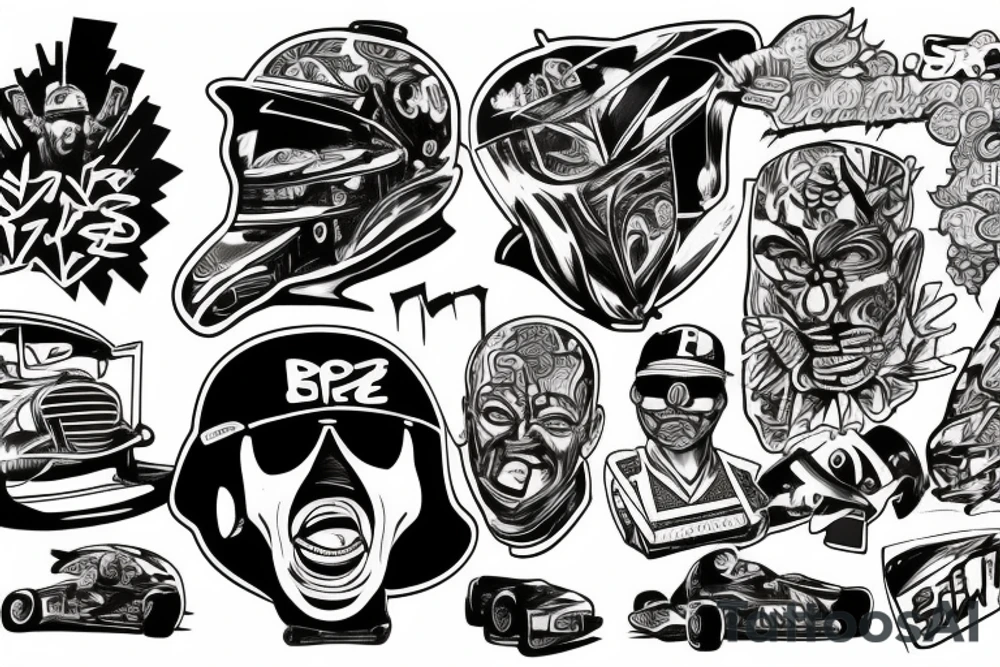 racing car, rap culture, special forces, graffiti, bat, latino culture tattoo idea