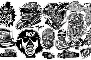 racing car, rap culture, special forces, graffiti, bat, latino culture tattoo idea