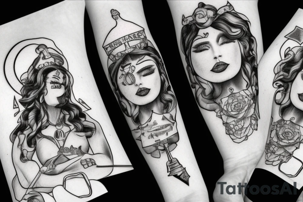 high detailed miss justice face blindfolded holding weights, with libra zodiak sign tattoo idea