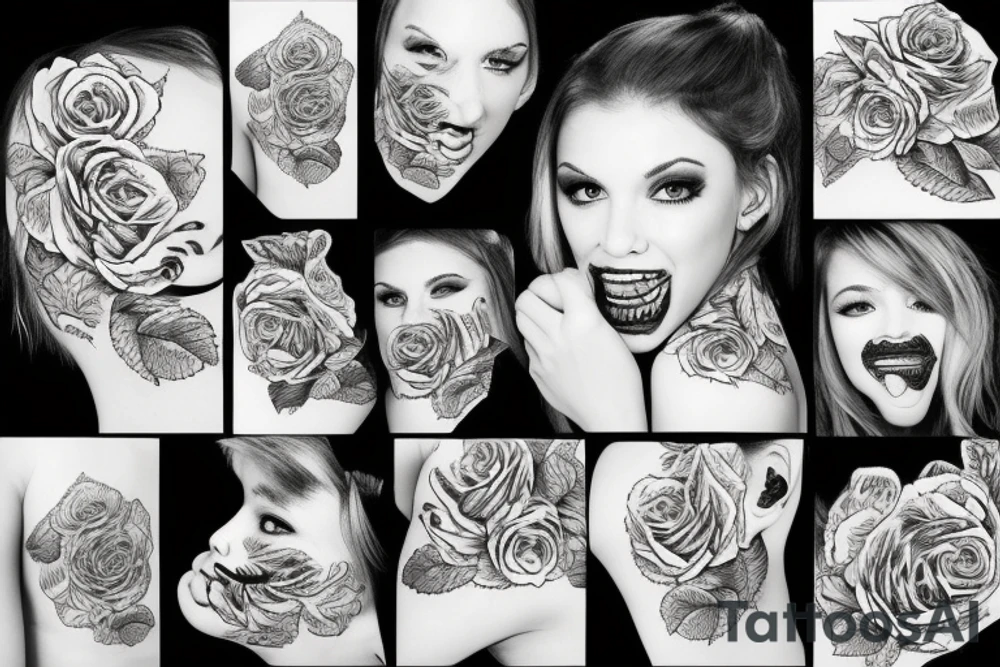Beautiful girl in the teeth of a tiger tattoo idea
