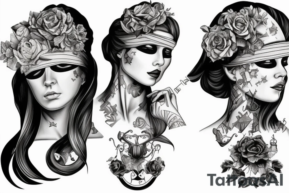 high detailed miss justice face with libra zodiak sign blindfolded tattoo idea