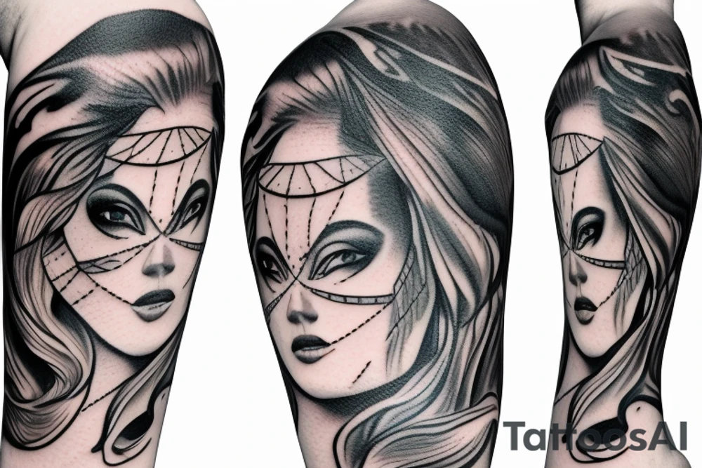 high detailed miss justice face with libra zodiak sign blindfolded tattoo idea