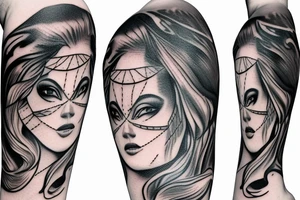 high detailed miss justice face with libra zodiak sign blindfolded tattoo idea