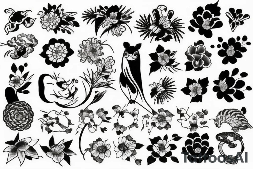 Japanese flowers, animals and ornaments tattoo idea