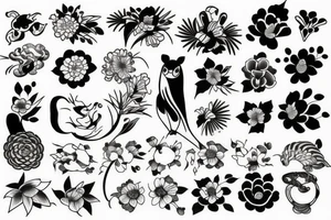 Japanese flowers, animals and ornaments tattoo idea