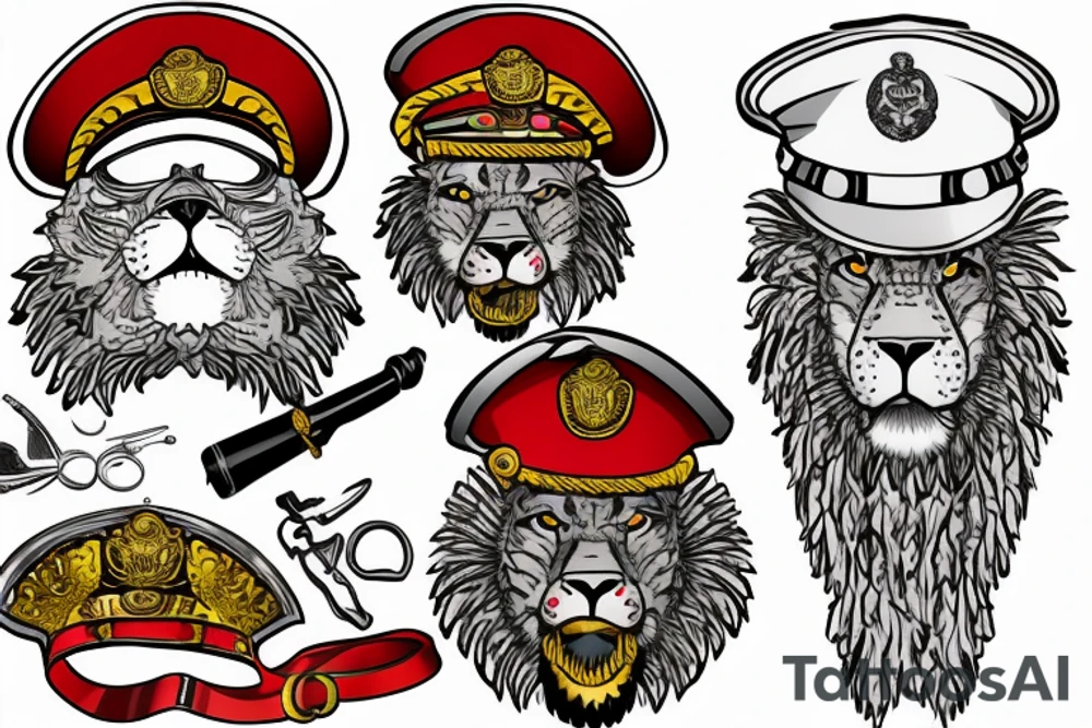 On the left, a lion in a khaki officer's cap with a red band and a gold cockade rests on the shield, and he has a lieutenant colonel's shoulder strap on his shoulder. tattoo idea