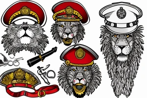 On the left, a lion in a khaki officer's cap with a red band and a gold cockade rests on the shield, and he has a lieutenant colonel's shoulder strap on his shoulder. tattoo idea