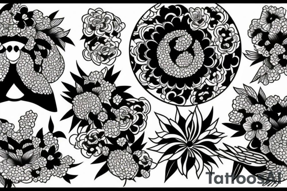 Japanese flowers, animals and ornaments tattoo idea