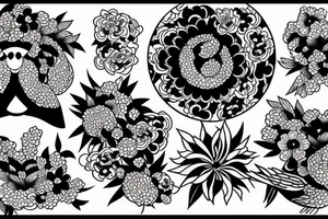 Japanese flowers, animals and ornaments tattoo idea