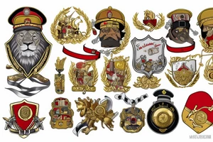 On the left, a lion in a khaki officer's cap with a red band and a gold cockade rests on the shield, and he has a lieutenant colonel's shoulder strap on his shoulder. tattoo idea