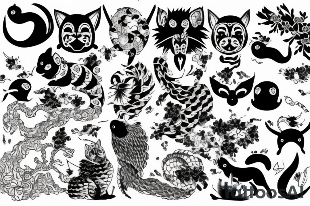 Japanese animals and ornaments tattoo idea