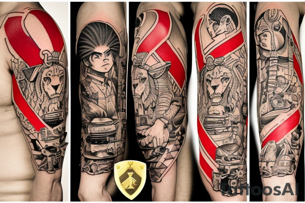 On the left, a lion in a khaki officer's cap with a red band and a gold cockade rests on the shield, and he has a lieutenant colonel's shoulder strap on his shoulder. tattoo idea