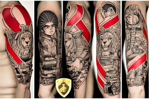 On the left, a lion in a khaki officer's cap with a red band and a gold cockade rests on the shield, and he has a lieutenant colonel's shoulder strap on his shoulder. tattoo idea