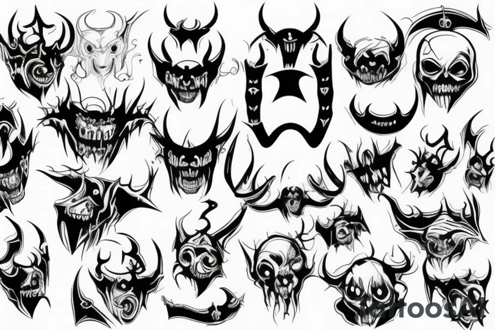 Scary doomed demon with small horns and up side down cross tattoo idea