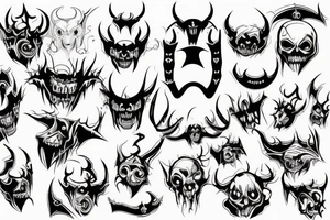 Scary doomed demon with small horns and up side down cross tattoo idea