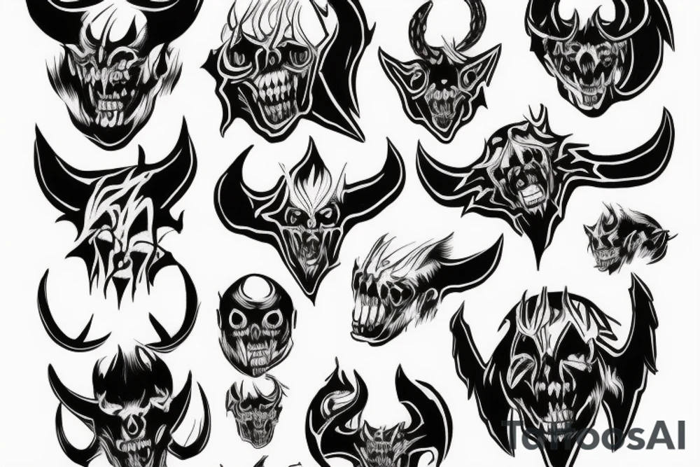 Scary doomed demon with small horns and up side down cross tattoo idea