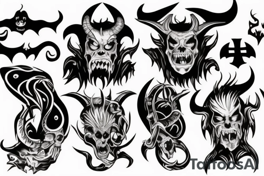 Scary doomed demon with small horns and up side down cross tattoo idea