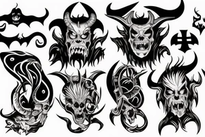 Scary doomed demon with small horns and up side down cross tattoo idea