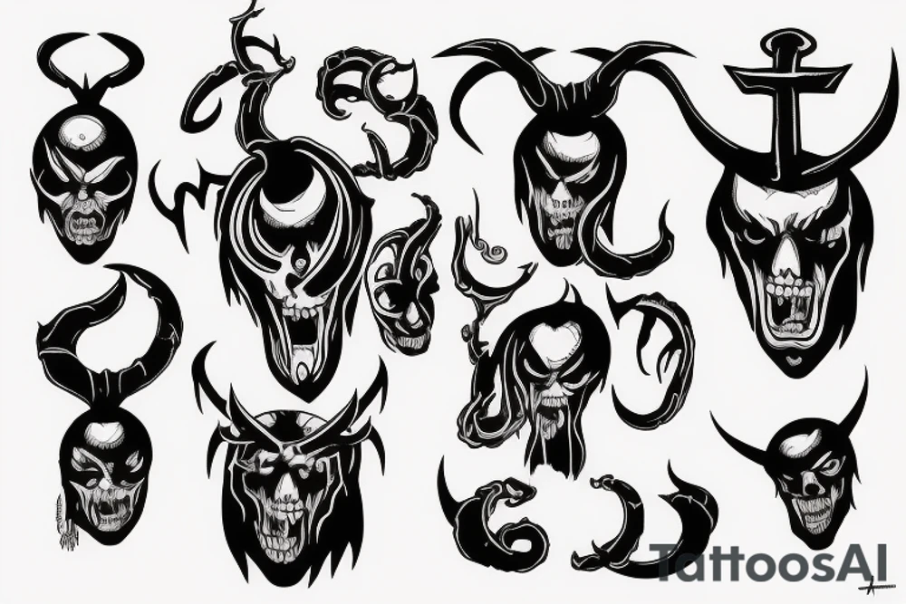 Scary doomed demon with small horns and up side down cross tattoo idea