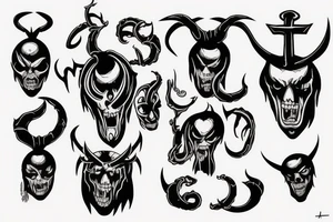Scary doomed demon with small horns and up side down cross tattoo idea