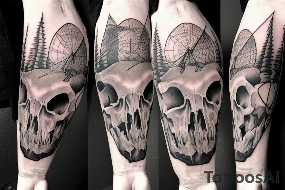 Wild boar skull against the background of a mountain with a helicopter tattoo idea