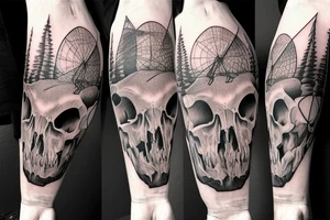 Wild boar skull against the background of a mountain with a helicopter tattoo idea