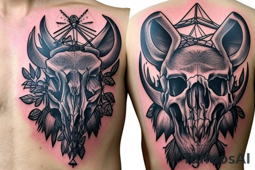 Wild boar skull against the background of a mountain with a helicopter tattoo idea