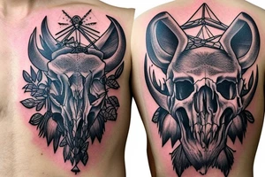 Wild boar skull against the background of a mountain with a helicopter tattoo idea