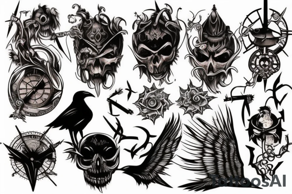 Crow, demon, sword, sand clock tattoo idea