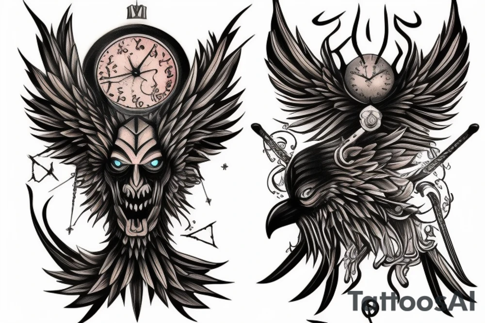 Crow, demon, sword, sand clock tattoo idea