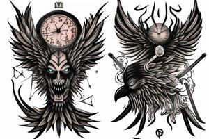 Crow, demon, sword, sand clock tattoo idea