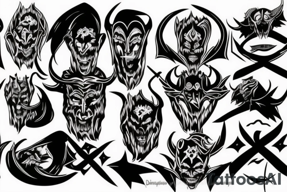 sinister brooding demon with small horns and an inverted cross tattoo idea