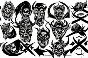 sinister brooding demon with small horns and an inverted cross tattoo idea