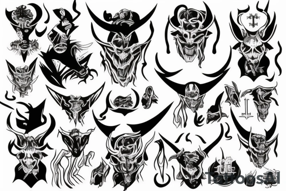 sinister brooding demon with small horns and an inverted cross tattoo idea