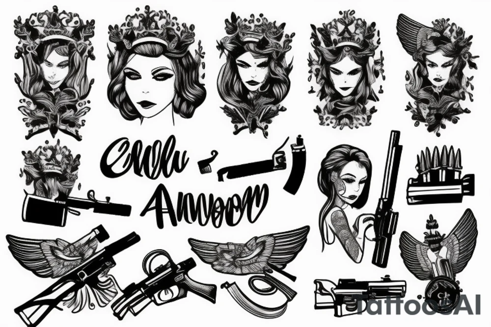 An angel in a crown with a gun tattoo idea