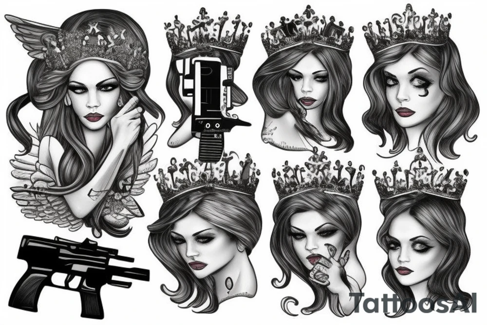 An angel in a crown with a gun tattoo idea