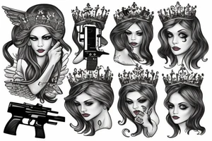 An angel in a crown with a gun tattoo idea