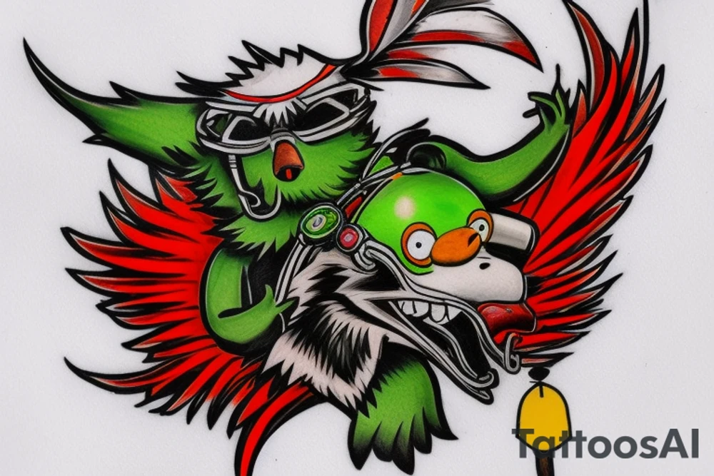 a green bear on a unicycle with eagle wings behind its back, in a red helmet with yellow stripes, rolls along the highway against the backdrop of burning forests tattoo idea