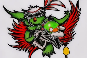 a green bear on a unicycle with eagle wings behind its back, in a red helmet with yellow stripes, rolls along the highway against the backdrop of burning forests tattoo idea