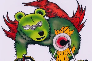 a green bear on a unicycle with eagle wings behind its back, in a red helmet with yellow stripes, rolls along the highway against the backdrop of burning forests tattoo idea