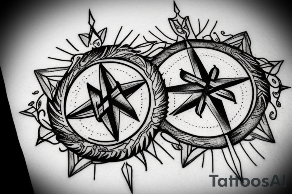 Runic compass with dark forest and yggdrasil tattoo idea
