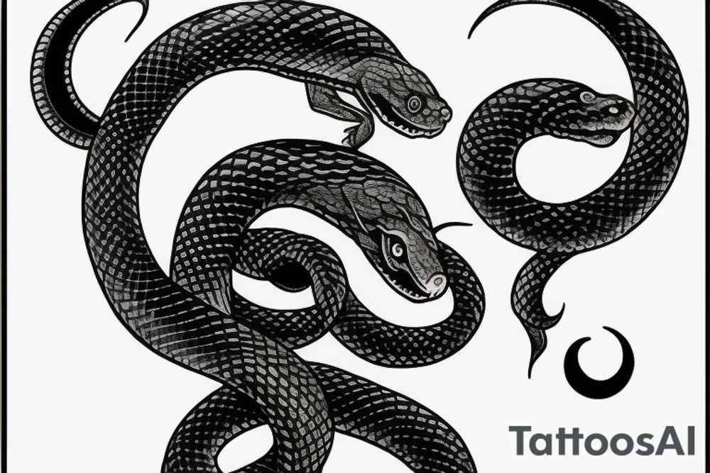 Gothic snake with halh moon over head. Dark lettering "silent evil" in a sides of snake. tattoo idea