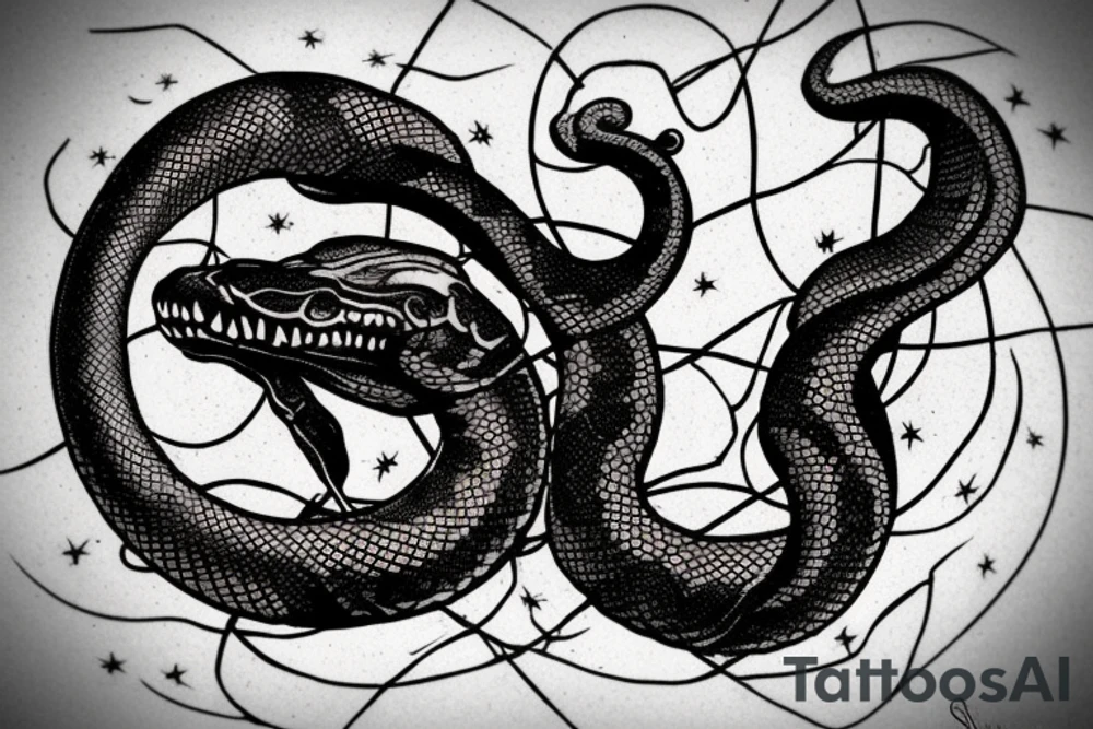 Gothic snake with halh moon over head. Dark lettering "silent evil" in a sides of snake. tattoo idea