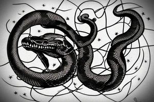 Gothic snake with halh moon over head. Dark lettering "silent evil" in a sides of snake. tattoo idea